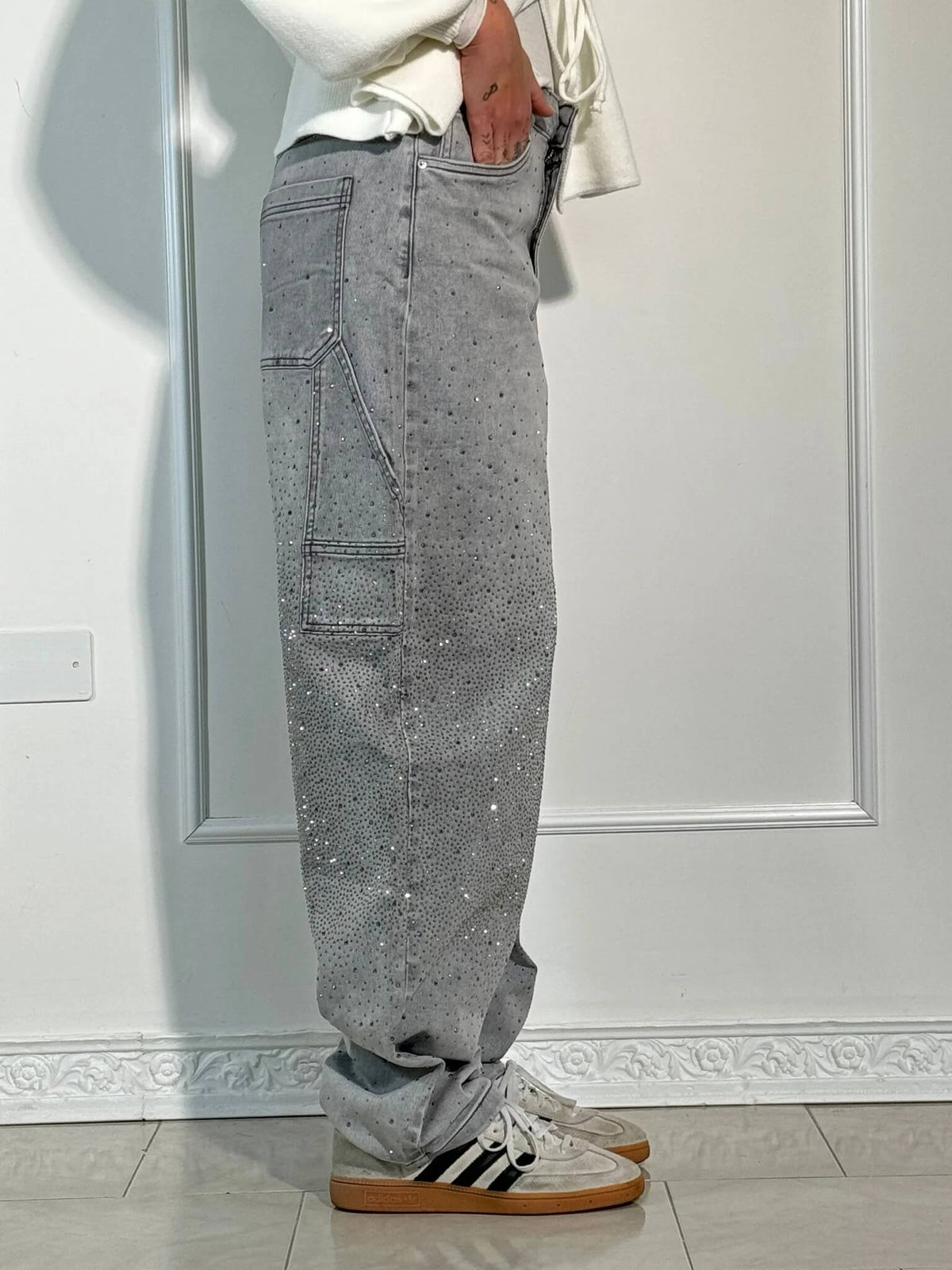 Dames Wide Leg Jeans met Strass en Carpenter Zakken