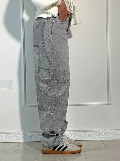 Dames Wide Leg Jeans met Strass en Carpenter Zakken