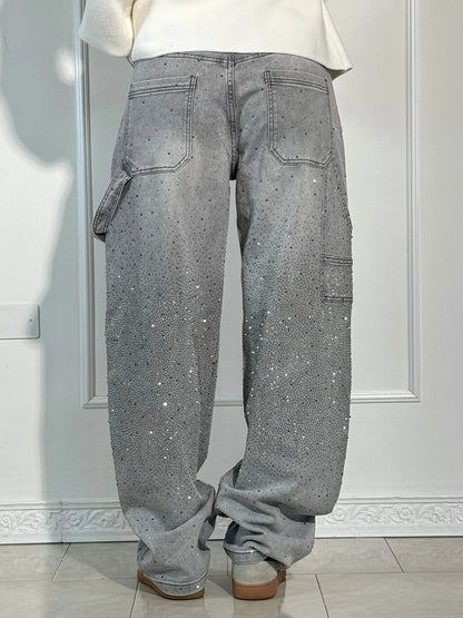 Dames Wide Leg Jeans met Strass en Carpenter Zakken
