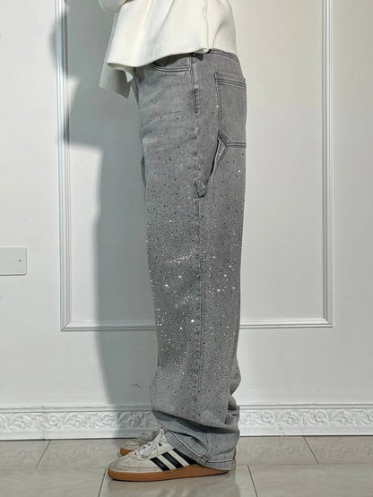 Dames Wide Leg Jeans met Strass en Carpenter Zakken