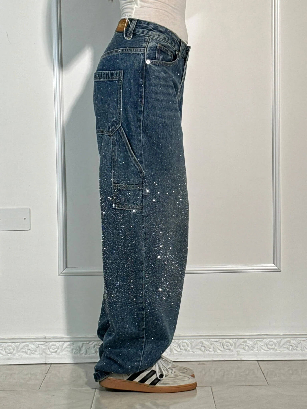 Dames Wide Leg Jeans met Strass en Carpenter Zakken