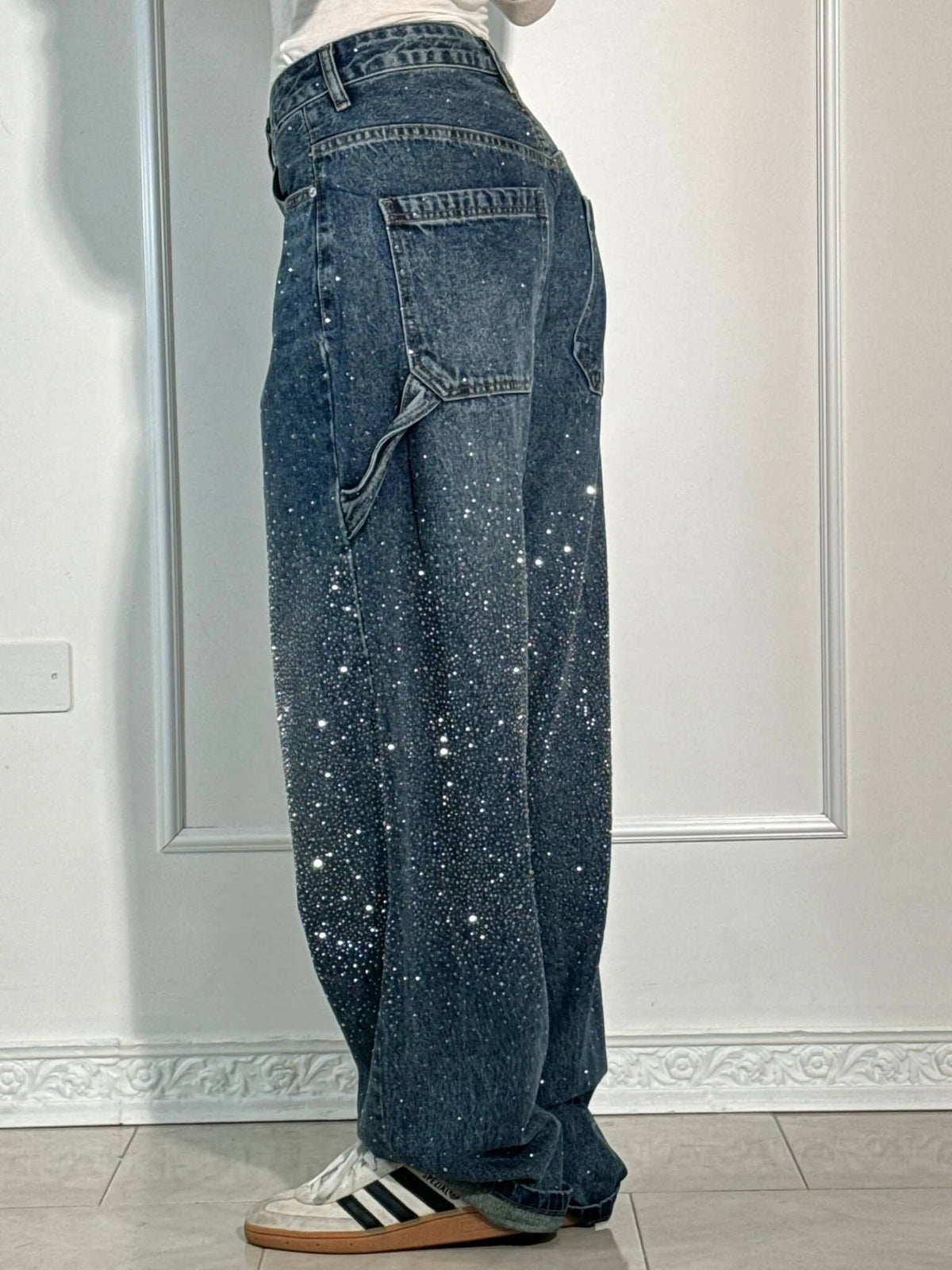 Dames Wide Leg Jeans met Strass en Carpenter Zakken