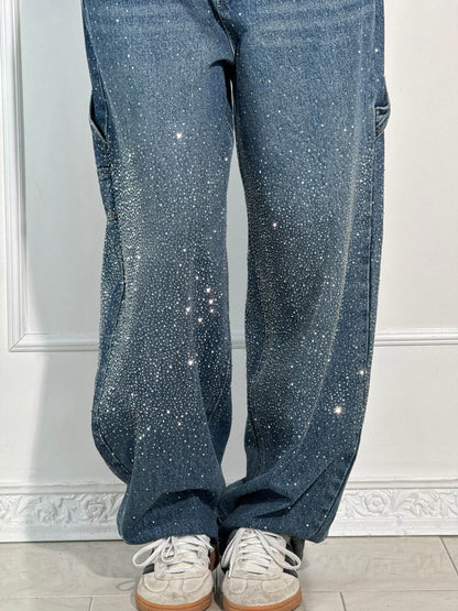 Dames Wide Leg Jeans met Strass en Carpenter Zakken