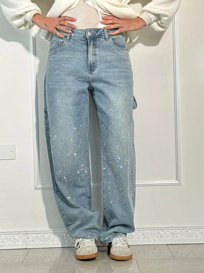 Dames Wide Leg Jeans met Strass en Carpenter Zakken Lichtblauw