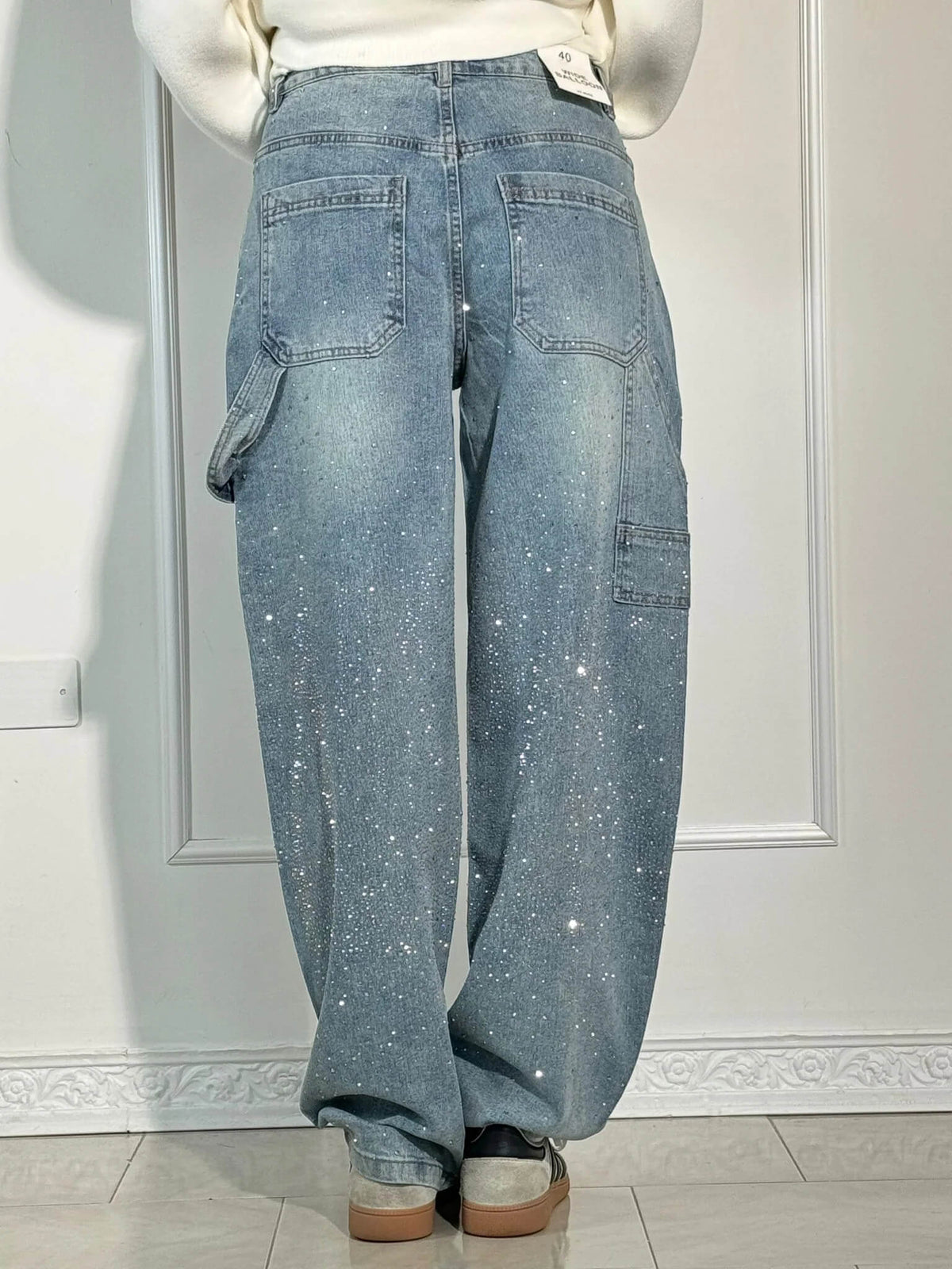 Dames Wide Leg Jeans met Strass en Carpenter Zakken