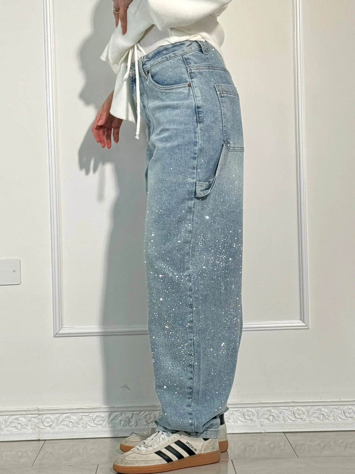 Dames Wide Leg Jeans met Strass en Carpenter Zakken