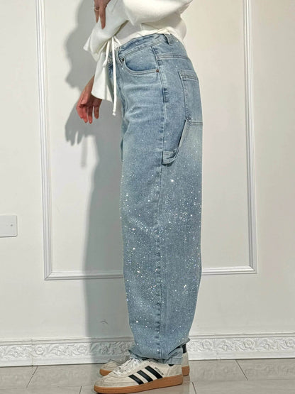 Dames Wide Leg Jeans met Strass en Carpenter Zakken