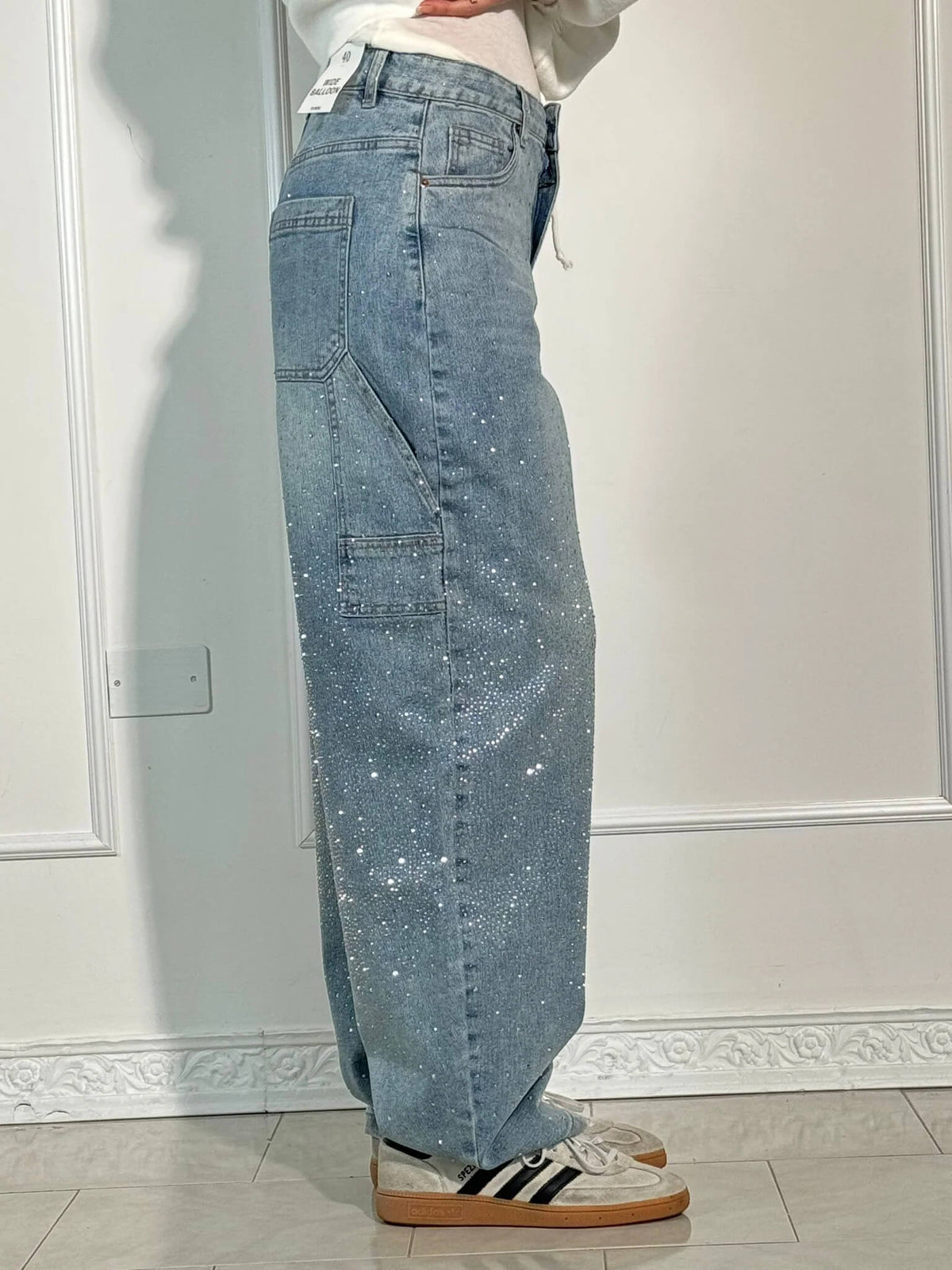 Dames Wide Leg Jeans met Strass en Carpenter Zakken