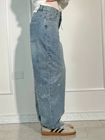 Dames Wide Leg Jeans met Strass en Carpenter Zakken