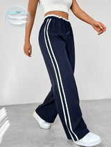 Dames Wide-Leg Sweatpants met Dubbele Zijstrepen en Elastische Taille