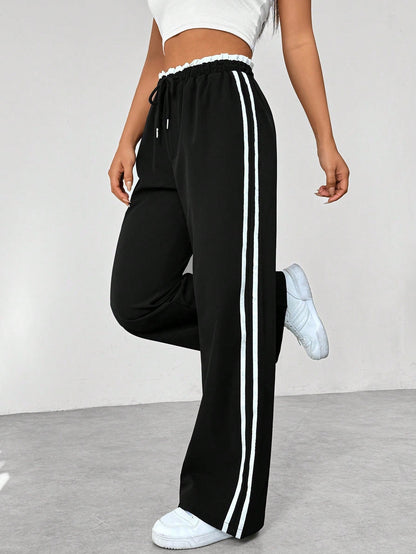 Dames Wide-Leg Sweatpants met Dubbele Zijstrepen en Elastische Taille Zwart