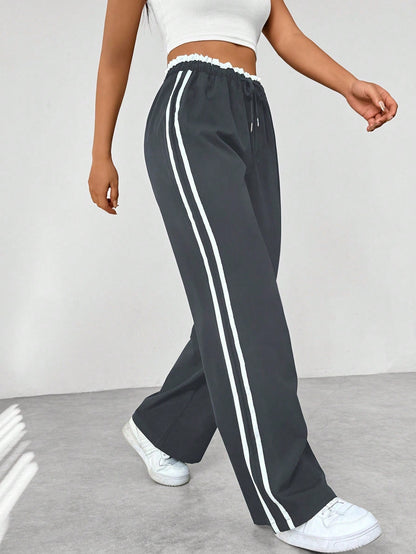 Dames Wide-Leg Sweatpants met Dubbele Zijstrepen en Elastische Taille Grijs