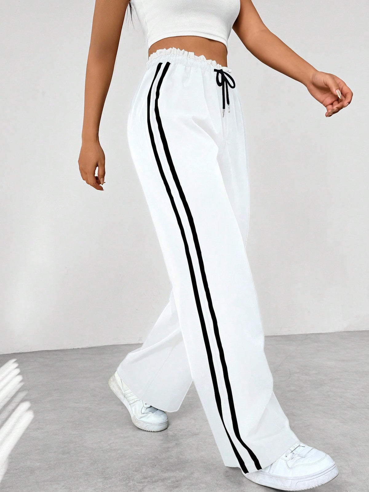 Dames Wide-Leg Sweatpants met Dubbele Zijstrepen en Elastische Taille Wit
