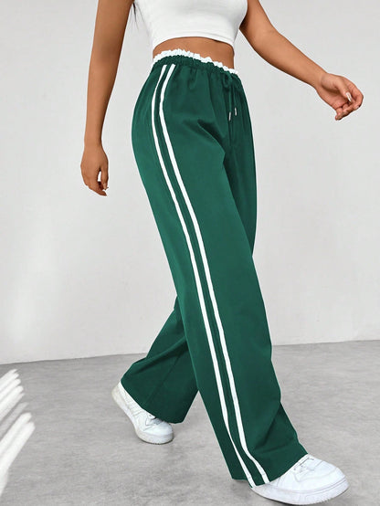 Dames Wide-Leg Sweatpants met Dubbele Zijstrepen en Elastische Taille Donkergroen