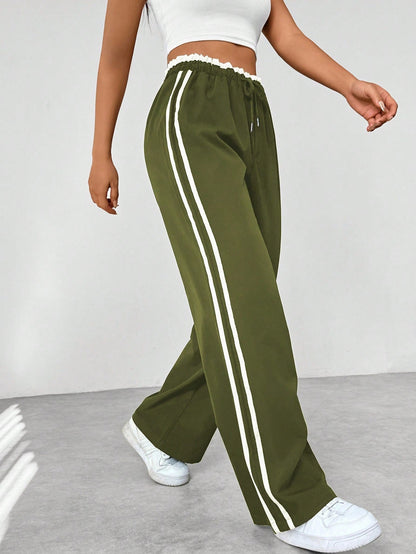 Dames Wide-Leg Sweatpants met Dubbele Zijstrepen en Elastische Taille Legergroen