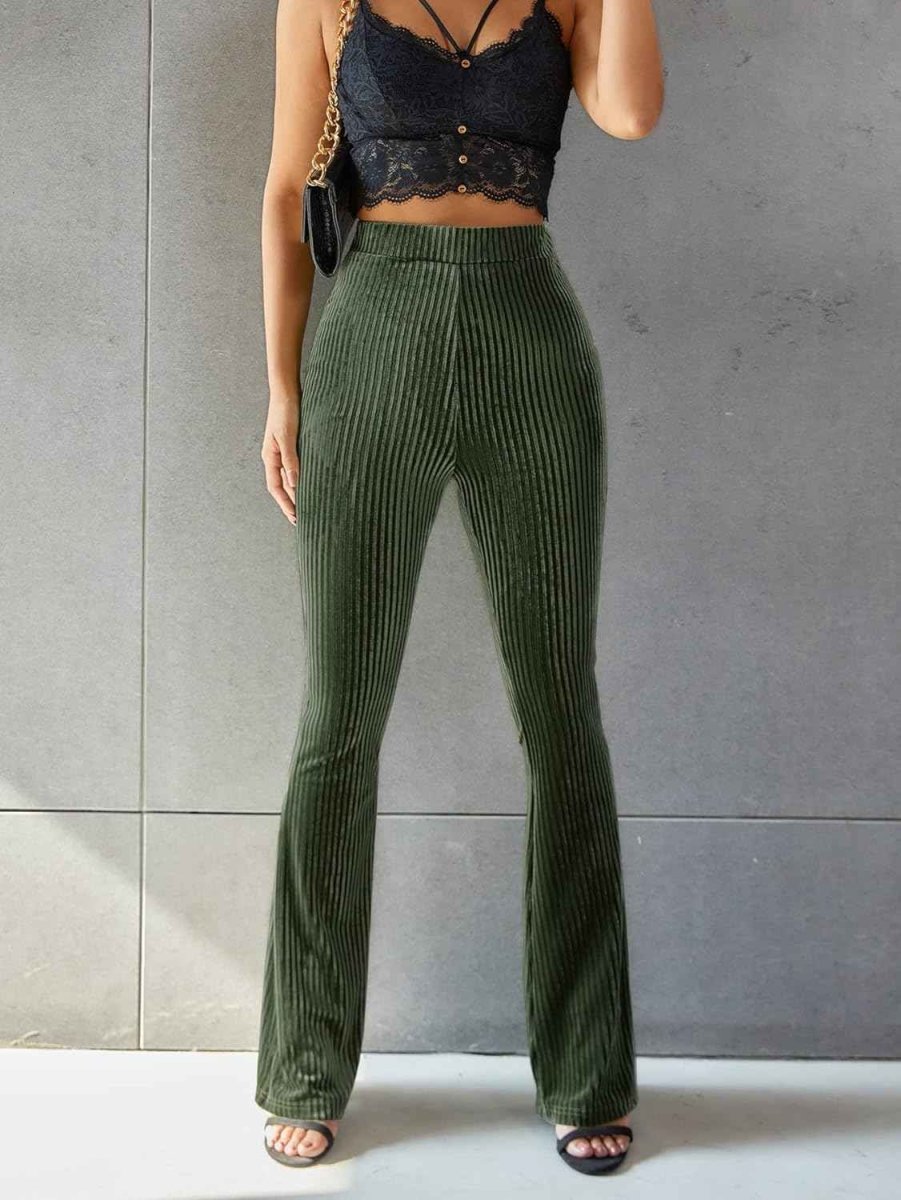Dames Wijde Broek met Hoge Taille en Geribbeld Patroon Groen
