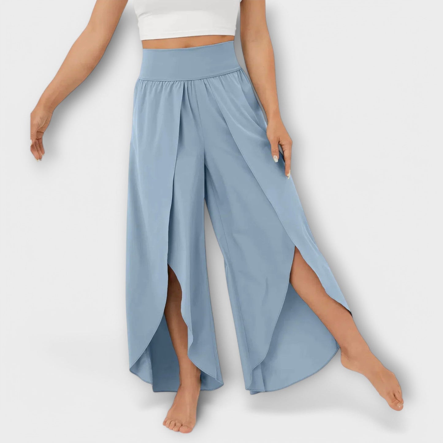 Dames Wijde Broek met Hoge Taille en Zijsplit Lichtblauw