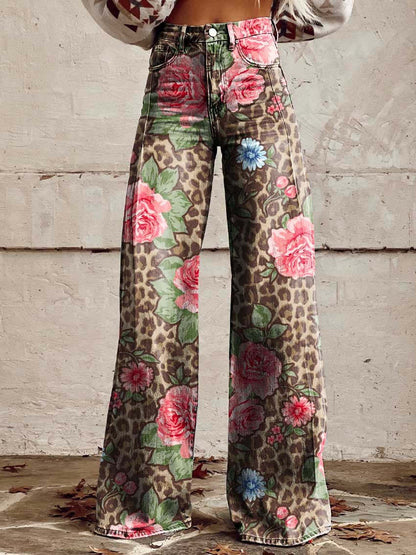 Dames Wijde Broek met Print in Vintage Stijl