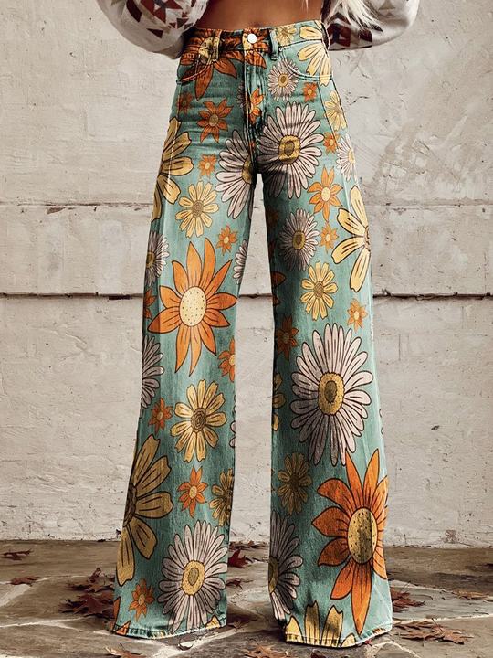 Dames Wijde Broek met Print in Vintage Stijl