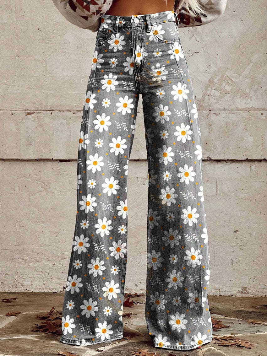 Dames Wijde Broek met Print in Vintage Stijl