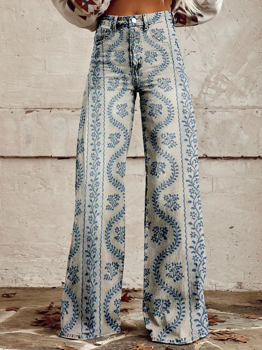 Dames Wijde Broek met Print in Vintage Stijl