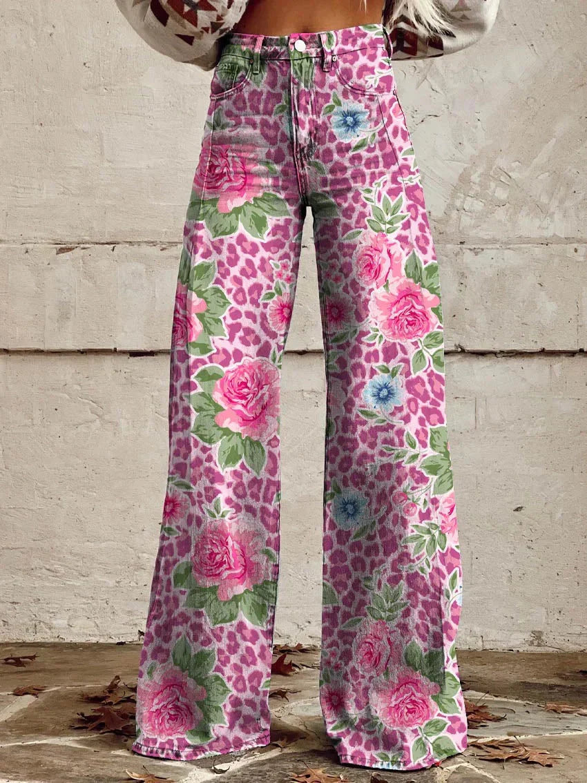 Dames Wijde Broek met Print in Vintage Stijl