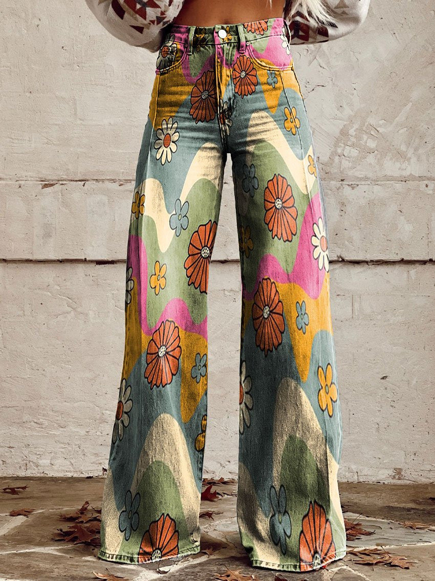 Dames Wijde Broek met Print in Vintage Stijl