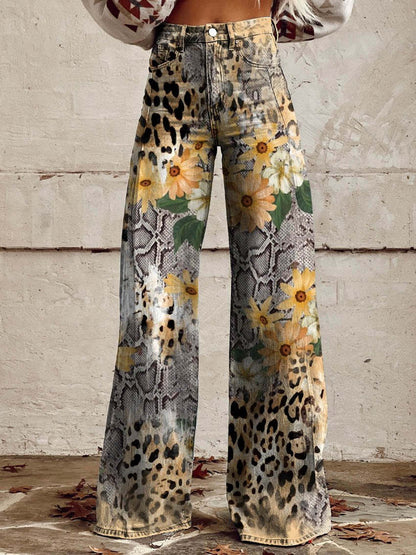 Dames Wijde Broek met Print in Vintage Stijl