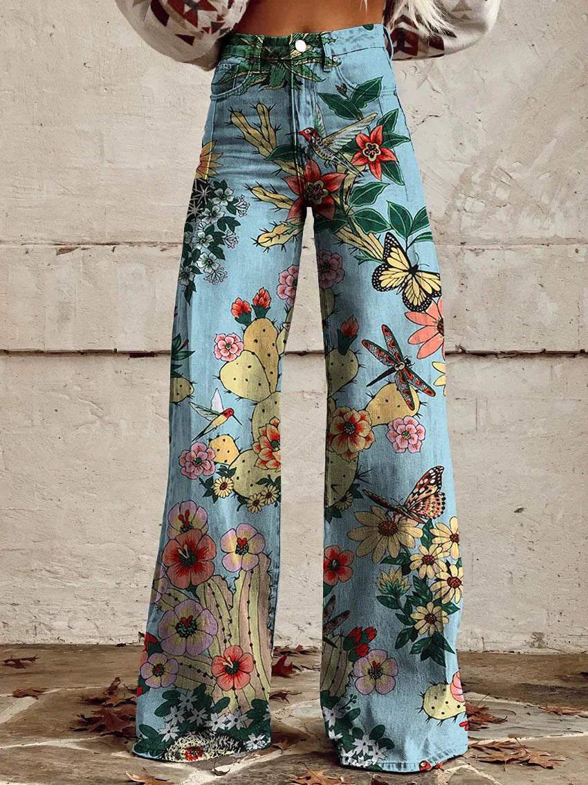 Dames Wijde Broek met Print in Vintage Stijl