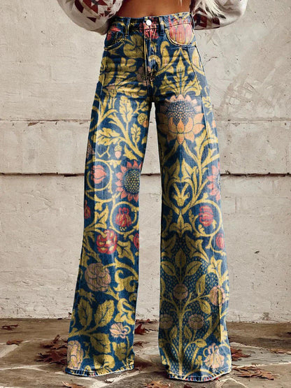 Dames Wijde Broek met Print in Vintage Stijl