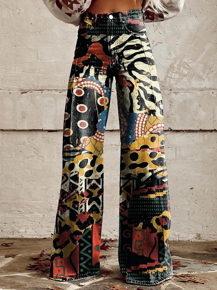 Dames Wijde Broek met Print in Vintage Stijl