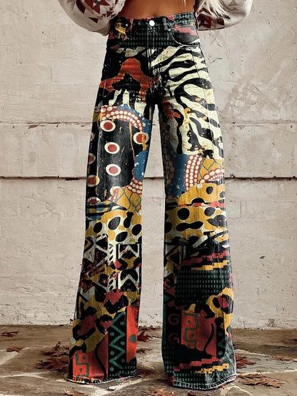 Dames Wijde Broek met Print in Vintage Stijl