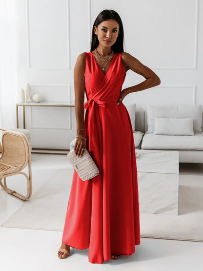 Dames Wikkel Maxi Jurk Mouwloos met V-hals en Strikceintuur voor Bruiloften Rood