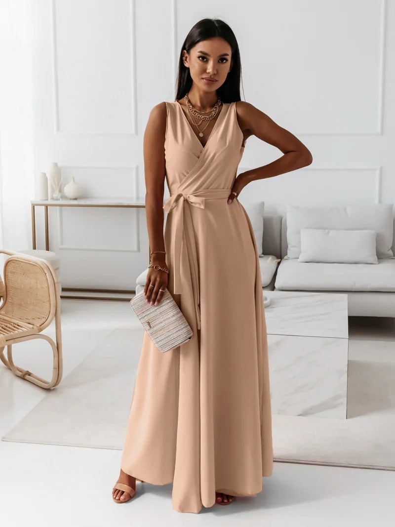 Dames Wikkel Maxi Jurk Mouwloos met V-hals en Strikceintuur voor Bruiloften Beige