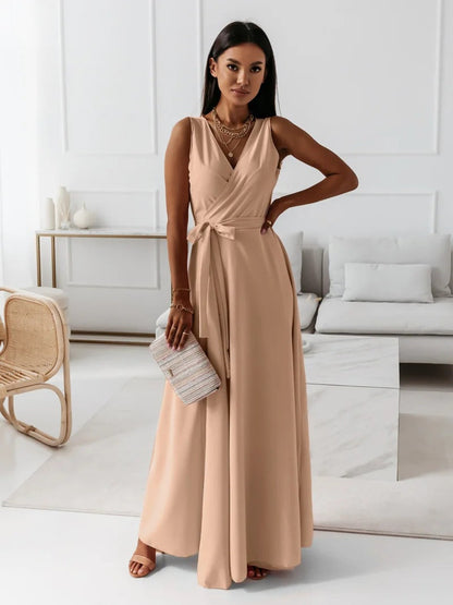 Dames Wikkel Maxi Jurk Mouwloos met V-hals en Strikceintuur voor Bruiloften Beige
