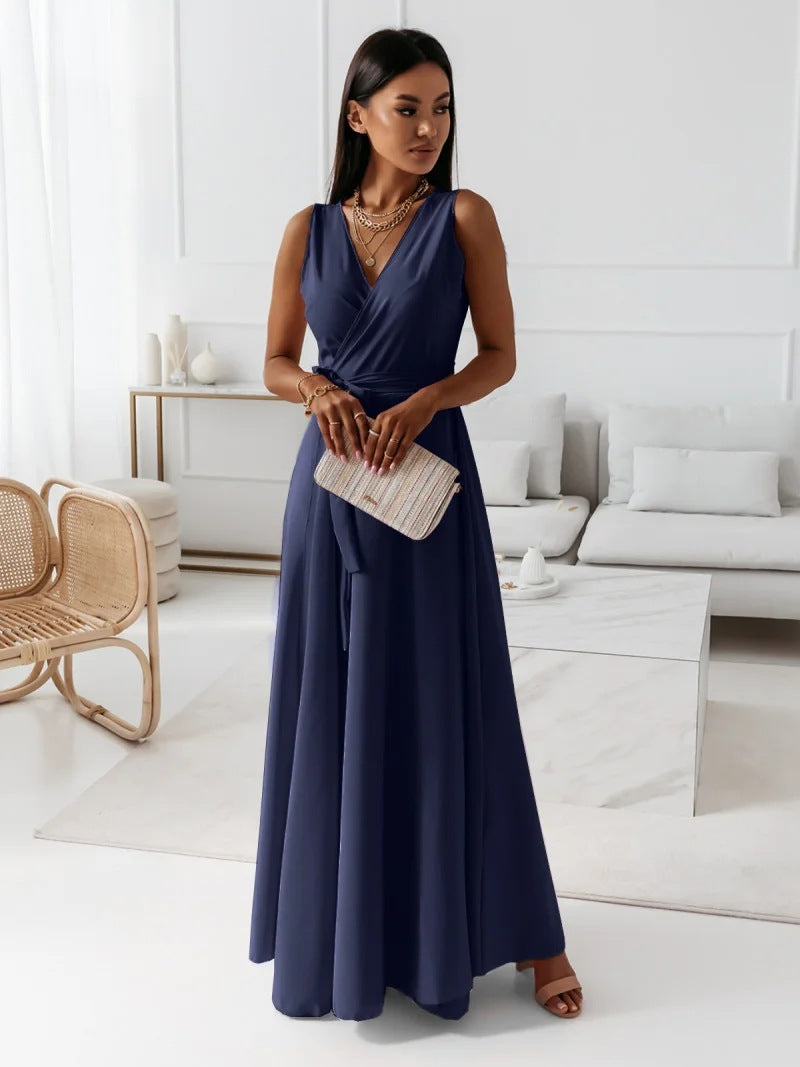Dames Wikkel Maxi Jurk Mouwloos met V-hals en Strikceintuur voor Bruiloften Marineblauw