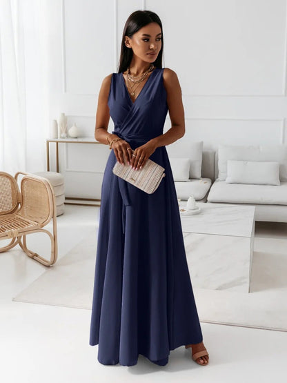 Dames Wikkel Maxi Jurk Mouwloos met V-hals en Strikceintuur voor Bruiloften Marineblauw