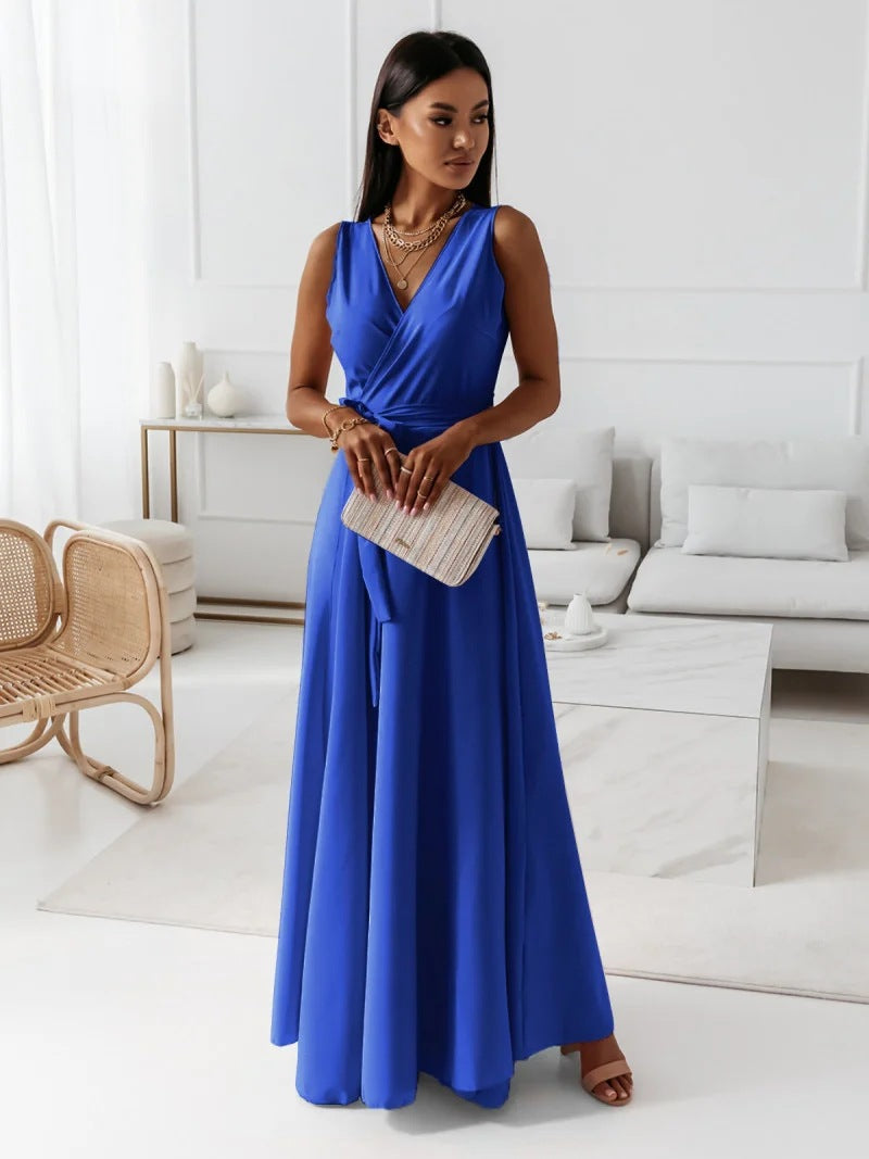 Dames Wikkel Maxi Jurk Mouwloos met V-hals en Strikceintuur voor Bruiloften Blauw
