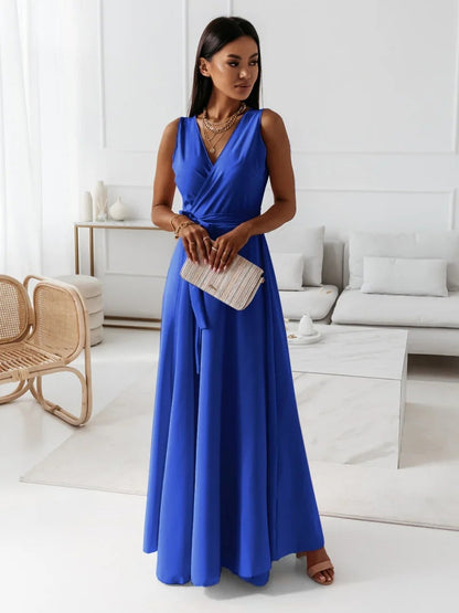 Dames Wikkel Maxi Jurk Mouwloos met V-hals en Strikceintuur voor Bruiloften Blauw