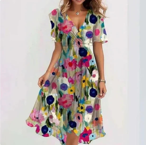 Dames Wikkeljurk met V-hals en Korte Mouwen Blauw Roze