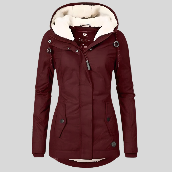 Dames Winterjas met Capuchon en Ritssluiting Gevoerd Getailleerd Model Wijnrood
