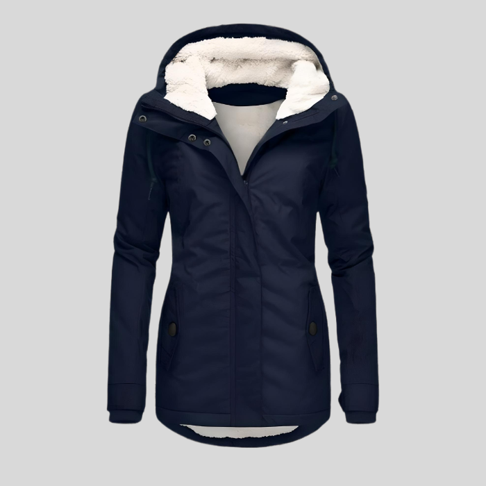 Dames Winterjas met Capuchon en Ritssluiting Gevoerd Getailleerd Model Marineblauw