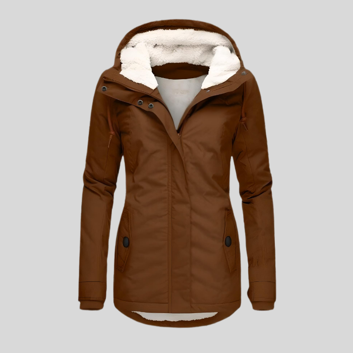 Dames Winterjas met Capuchon en Ritssluiting Gevoerd Getailleerd Model Bruin