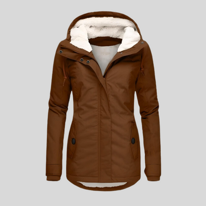 Dames Winterjas met Capuchon en Ritssluiting Gevoerd Getailleerd Model Bruin