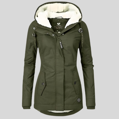 Dames Winterjas met Capuchon en Ritssluiting Gevoerd Getailleerd Model Legergroen
