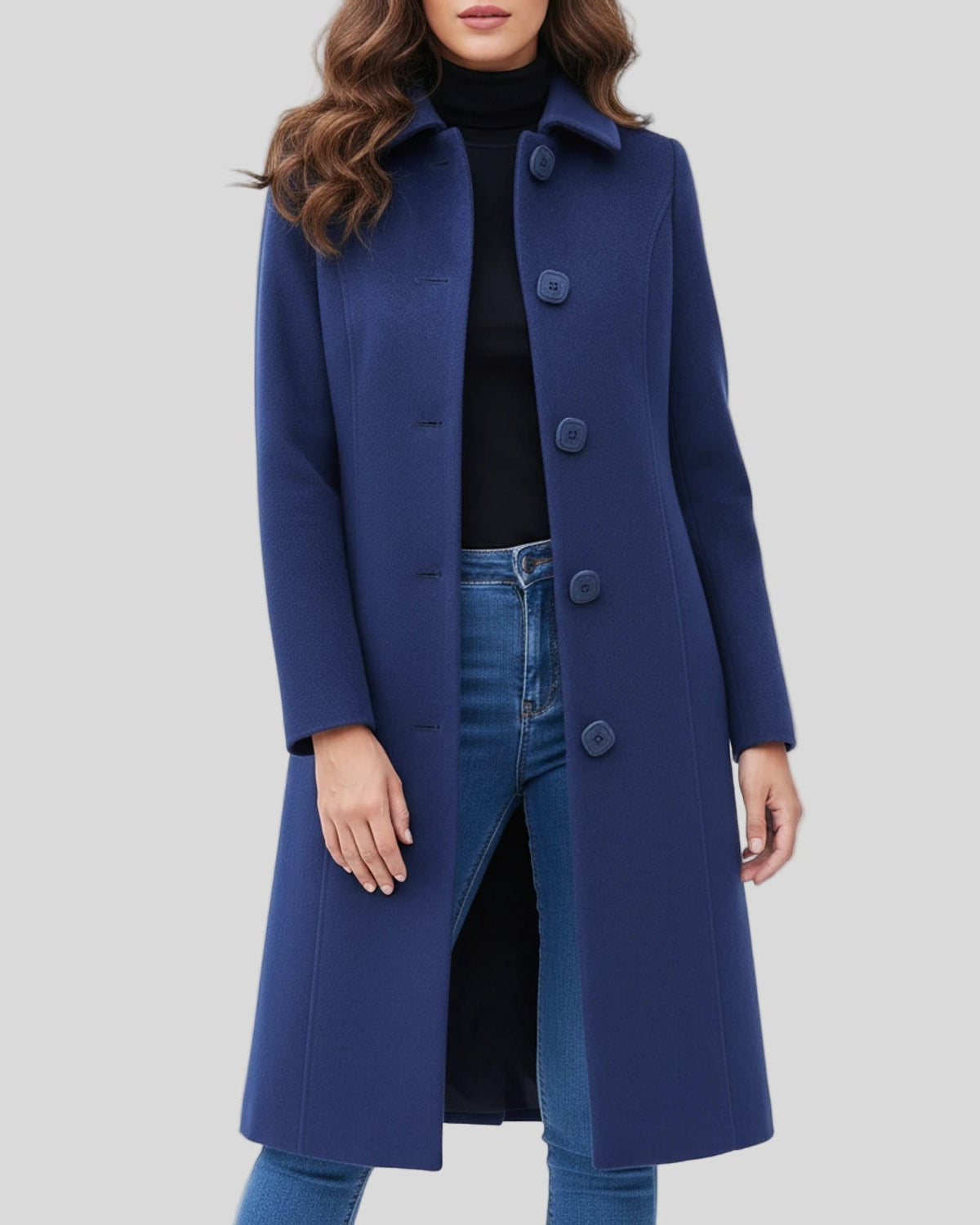 Dames Lange Winterjas met Enkele Rij Knopen en Klassieke Kraag Donkerblauw