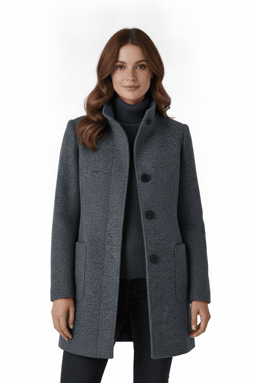 Dames Winterjas met Staande Kraag en Knoopsluiting Kniehoogte