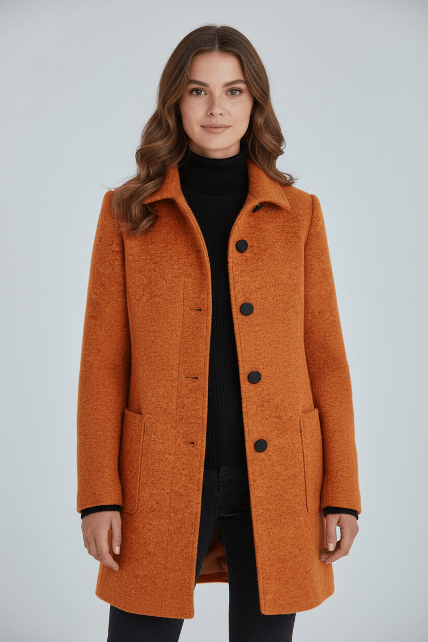 Dames Winterjas met Staande Kraag en Knoopsluiting Kniehoogte Oranje