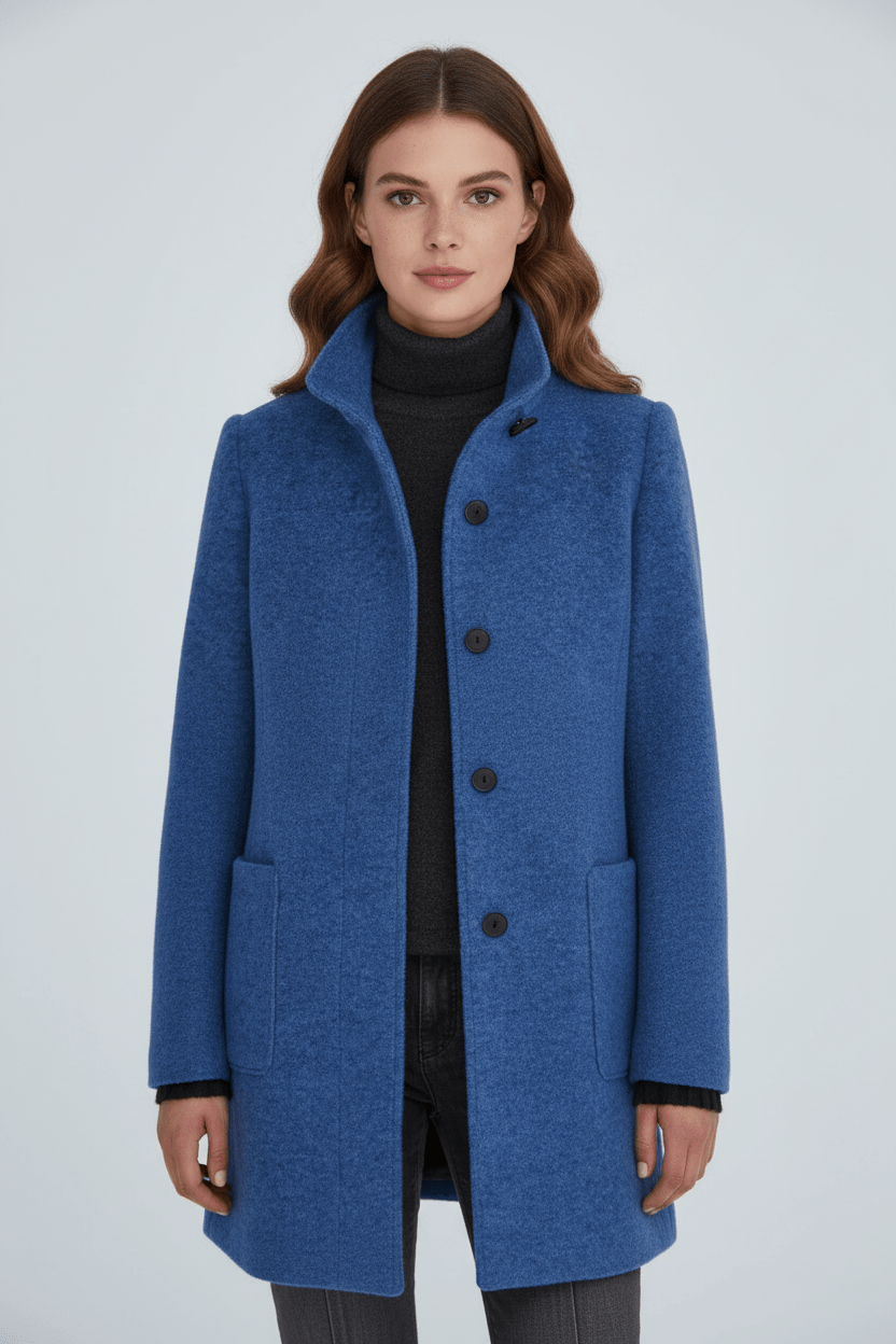 Dames Winterjas met Staande Kraag en Knoopsluiting Kniehoogte Blauw