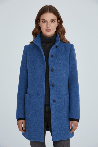 Dames Winterjas met Staande Kraag en Knoopsluiting Kniehoogte Blauw